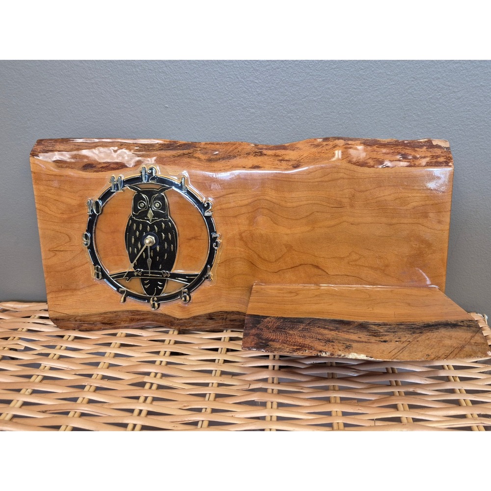 Vintage Live Edge Wood Owl Wall Clock Shelf Rustic Cabin Decor Quartz As Is Gift